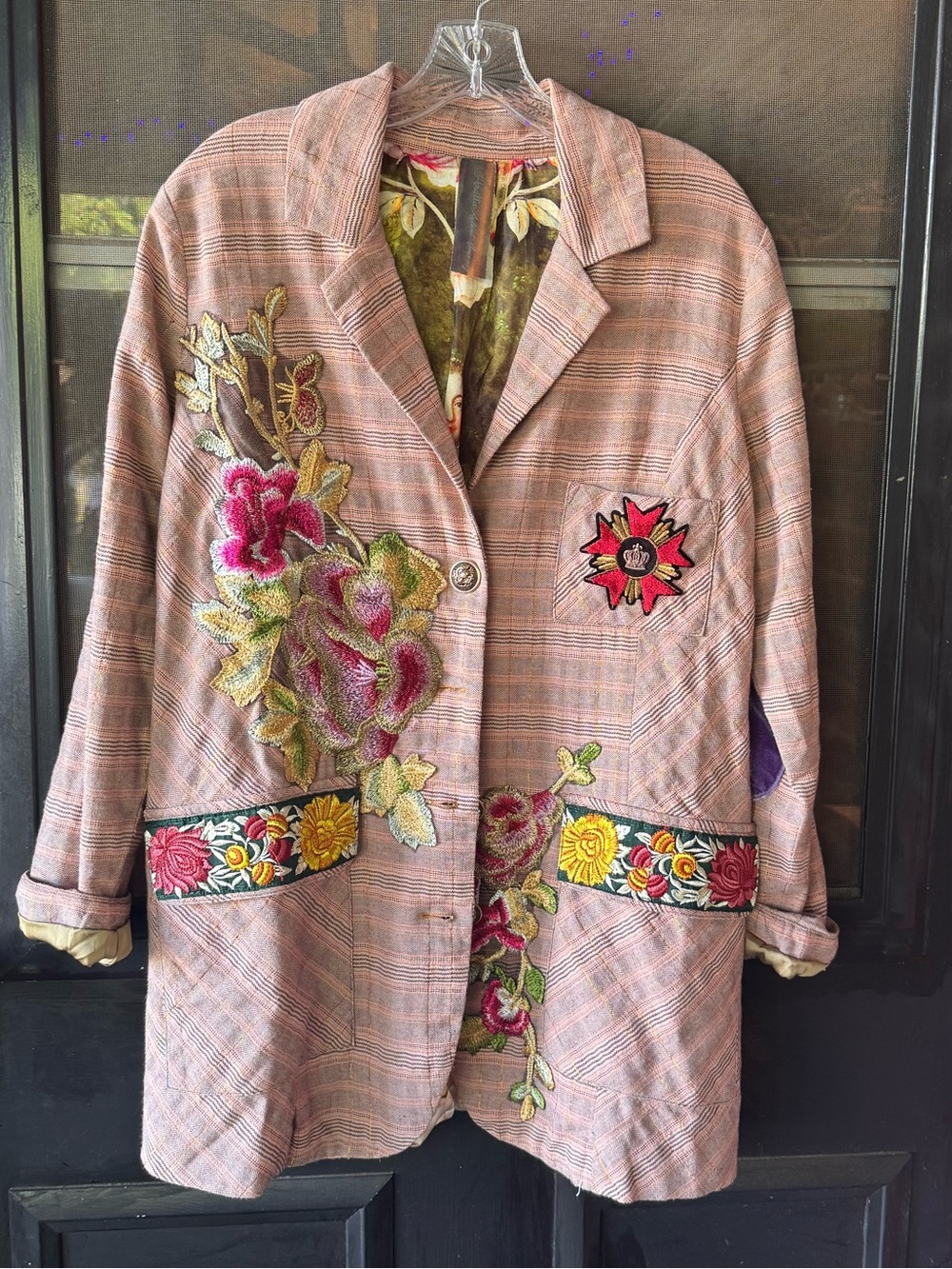 Aratta Pink Plaid Embroidered Patch Blazer